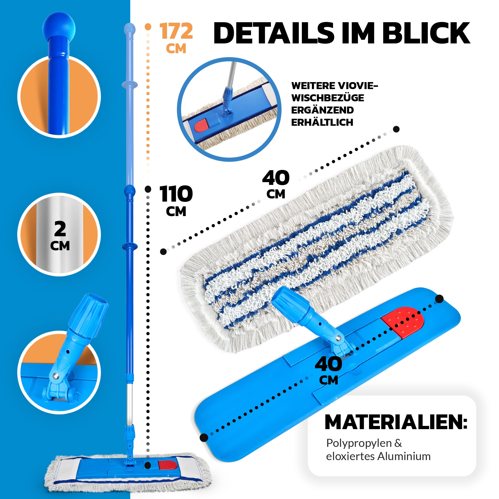 Wischer Set Hospital 40cm (Wischmop + Teleskopstil 90-160cm)
